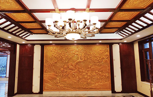 叠彩中式别墅客厅中式木作横梁吊顶装饰展示